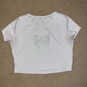 White crop top butterfly rhinestone